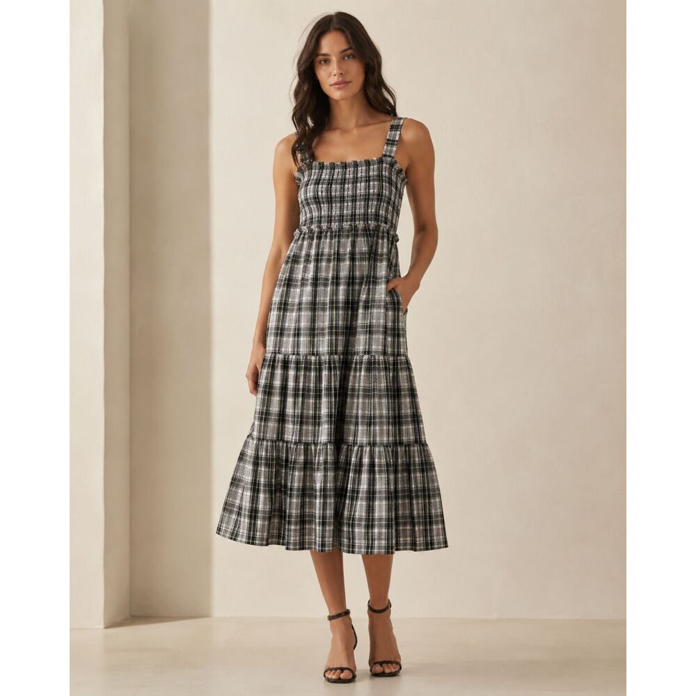 Veronica Beard Ziada Plaid Smocked Tiered Midi Sleeveless Dress Size 0